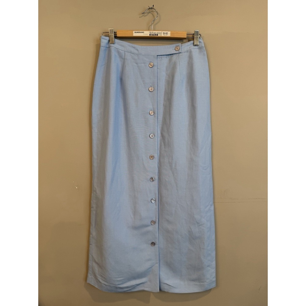 Emma James Linen Rayon Button Front Baby Blue Maxi Skirt Shell Button Size 8